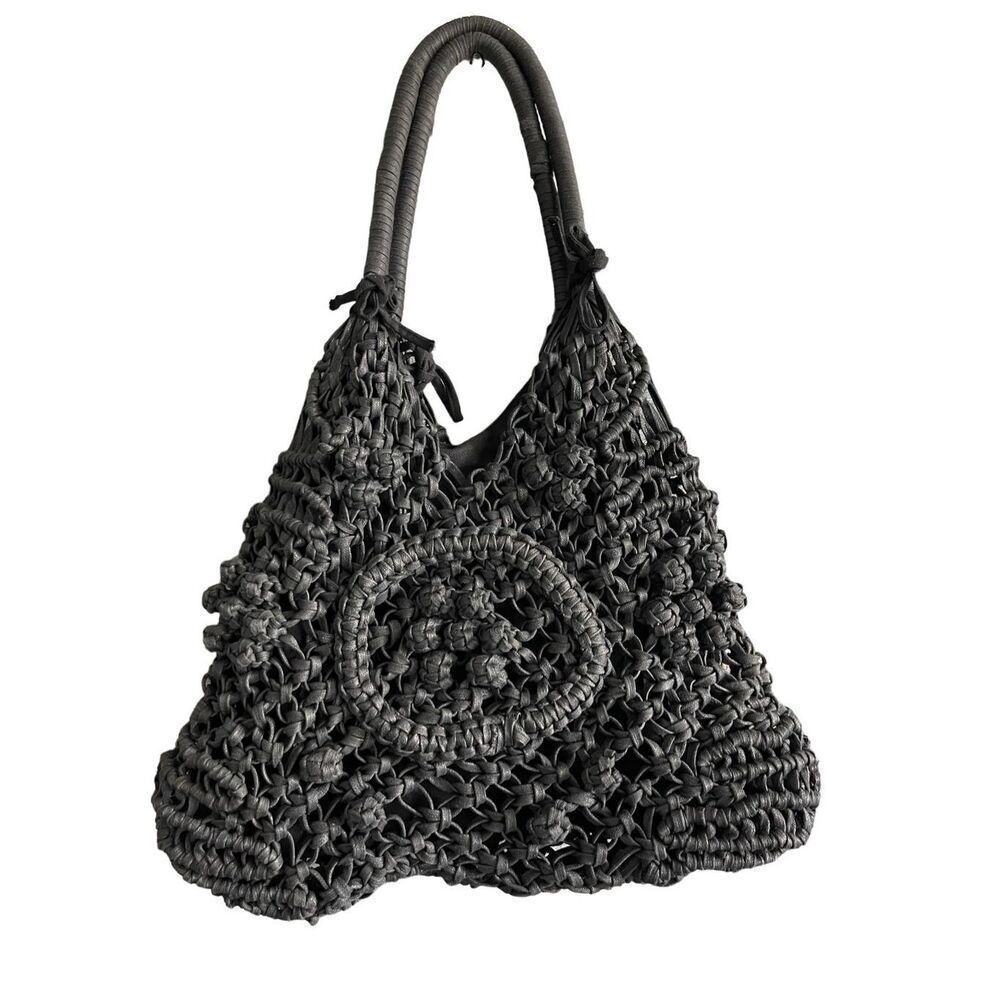 Clever Carriage Company Womens Black Crocheted Positano Hand Macrame Satchel Bag - Picture 5 of 11